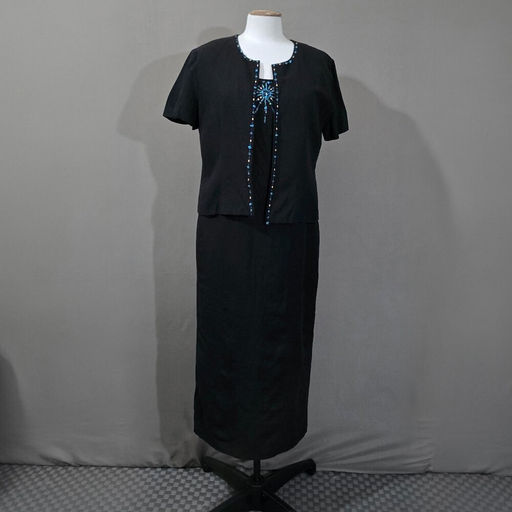 Jessica Howard Black Linen Rayon Skirt Suit Jacket Dress 2PC Size 14 Womens